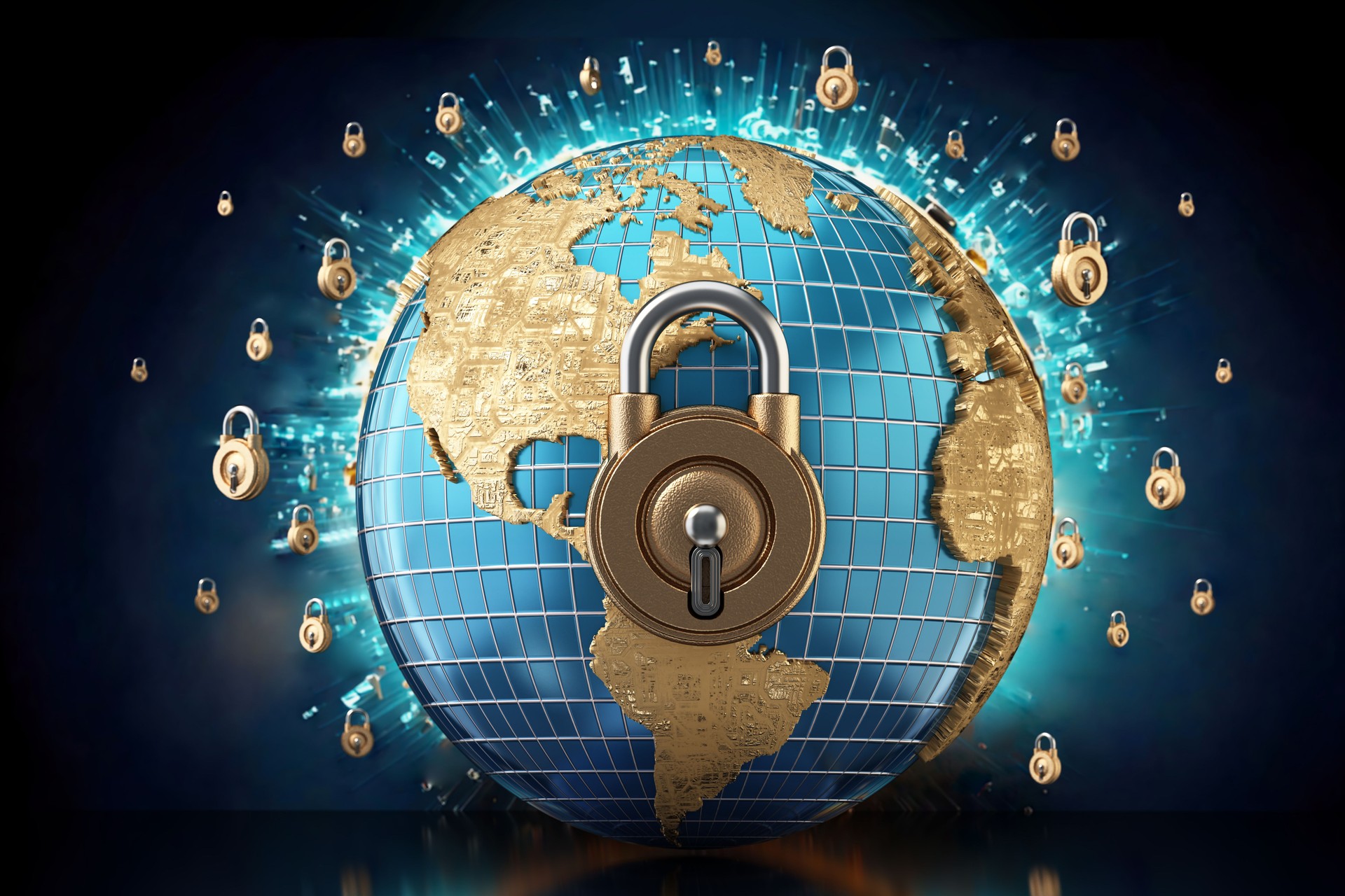 Secure digital network with padlock symbolizing global cybersecurity against data breaches. Data breach concept