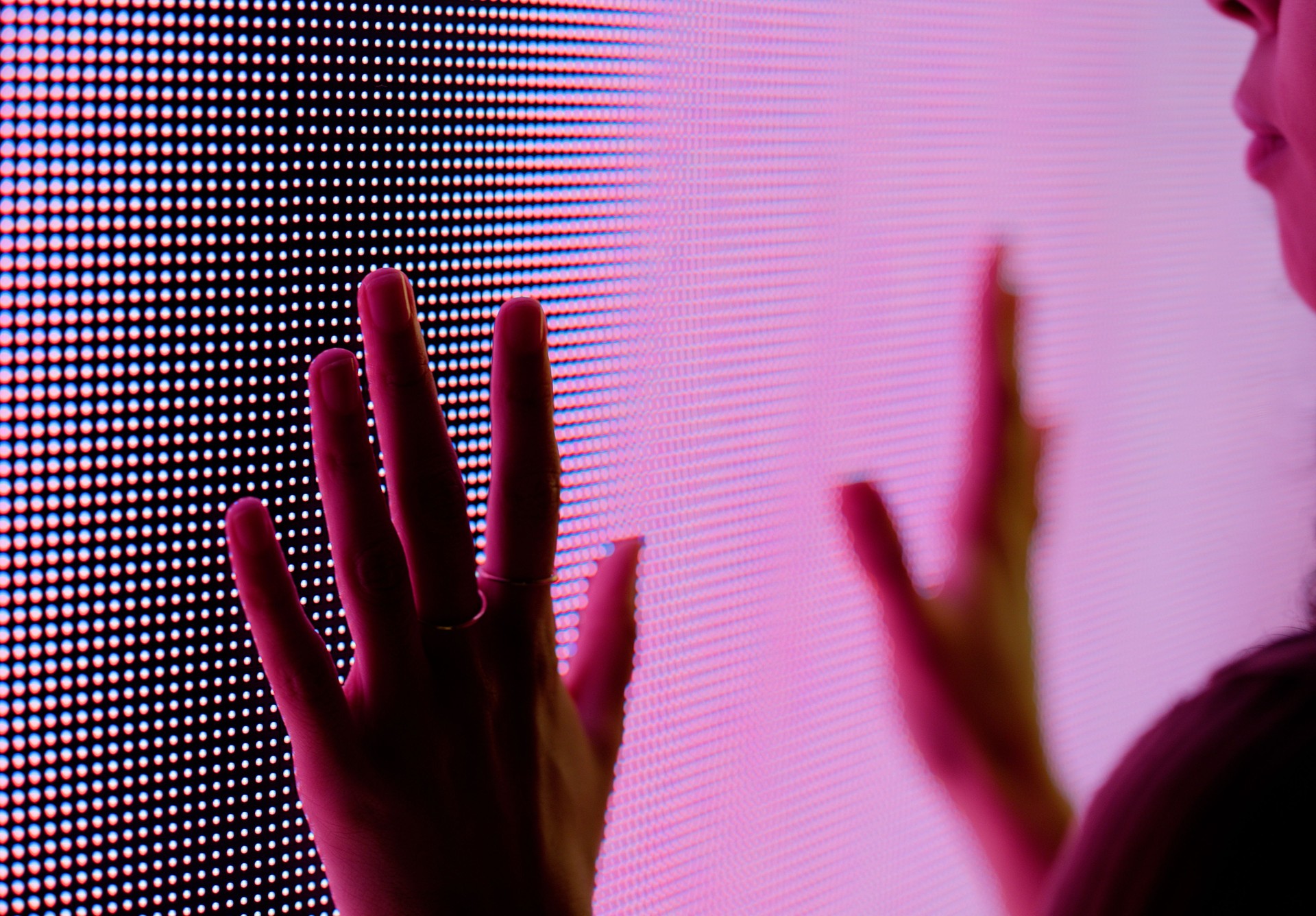 Hand, touch and digital with screen, interaction and modern multimedia kiosk for information. Person, technology and display for knowledge, question and electronic board with closeup terminal